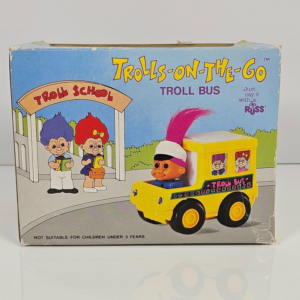 Vintage Russ Berrie Trolls-On-The-Go Troll Bus Friction Toy with Original Box